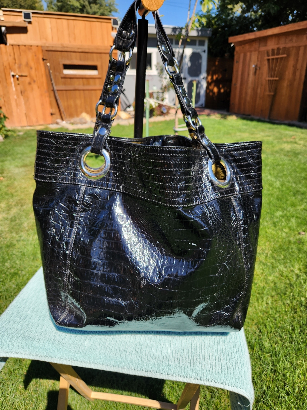 Steve Madden Black Patent Croc-Embossed Tote Bag